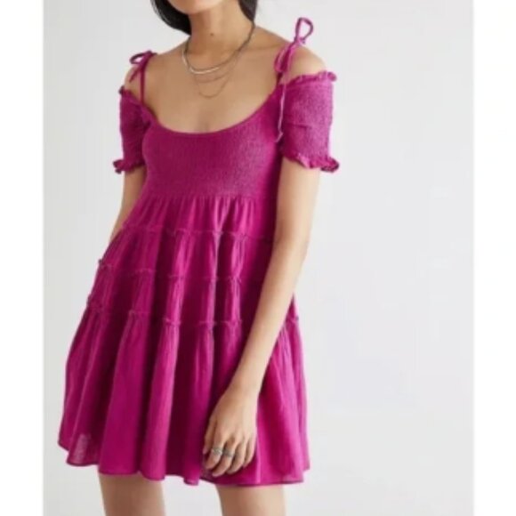 NWT Free People Happy With You Smocked Tie Shoulder Swing Mini Dress Pink XS - Picture 1 of 13